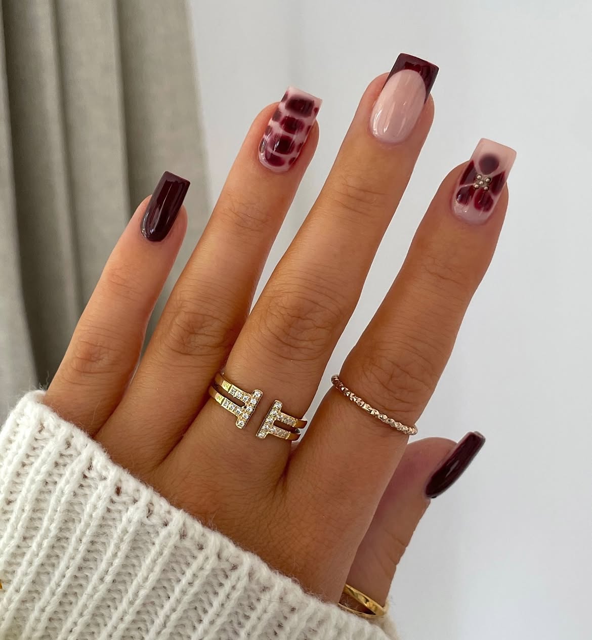 Deep Plum French Tip & Marble Nails