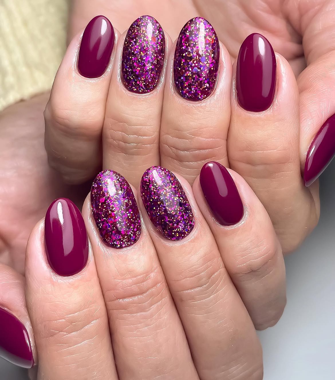 Deep Plum Glossy Ovals with Glitter Accents