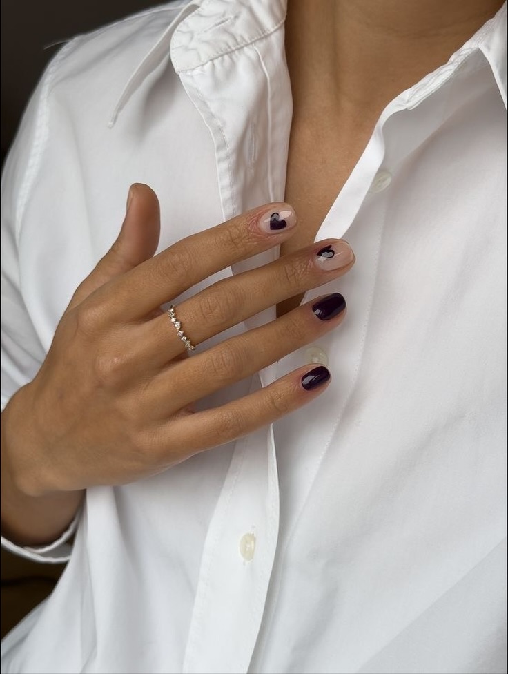 Deep Plum Heart Accent Neutral Nails