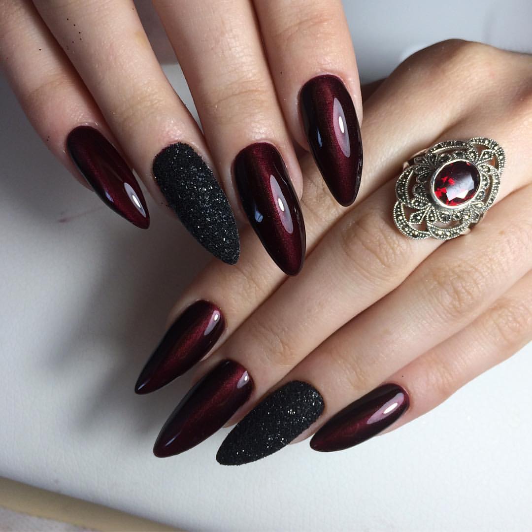 Deep Red Cat Eye with Matte Black Glitter Accents