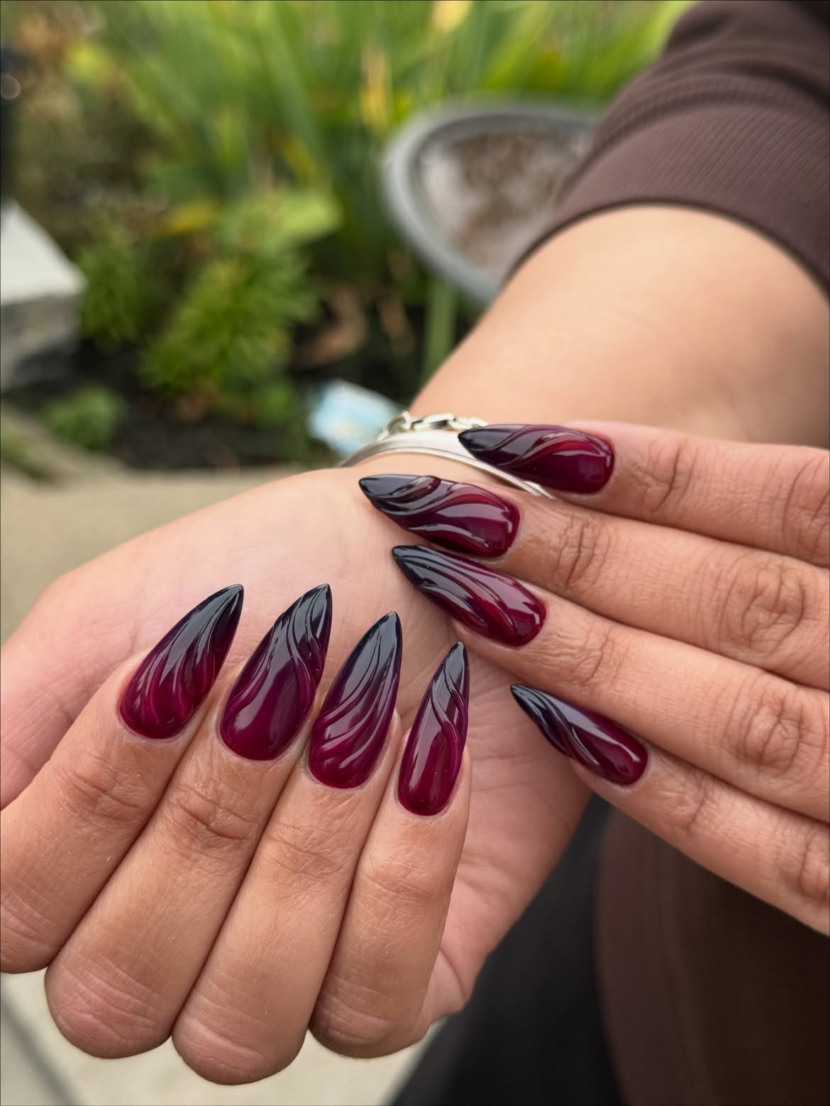 Deep Red Swirl Matte Coffin Nails