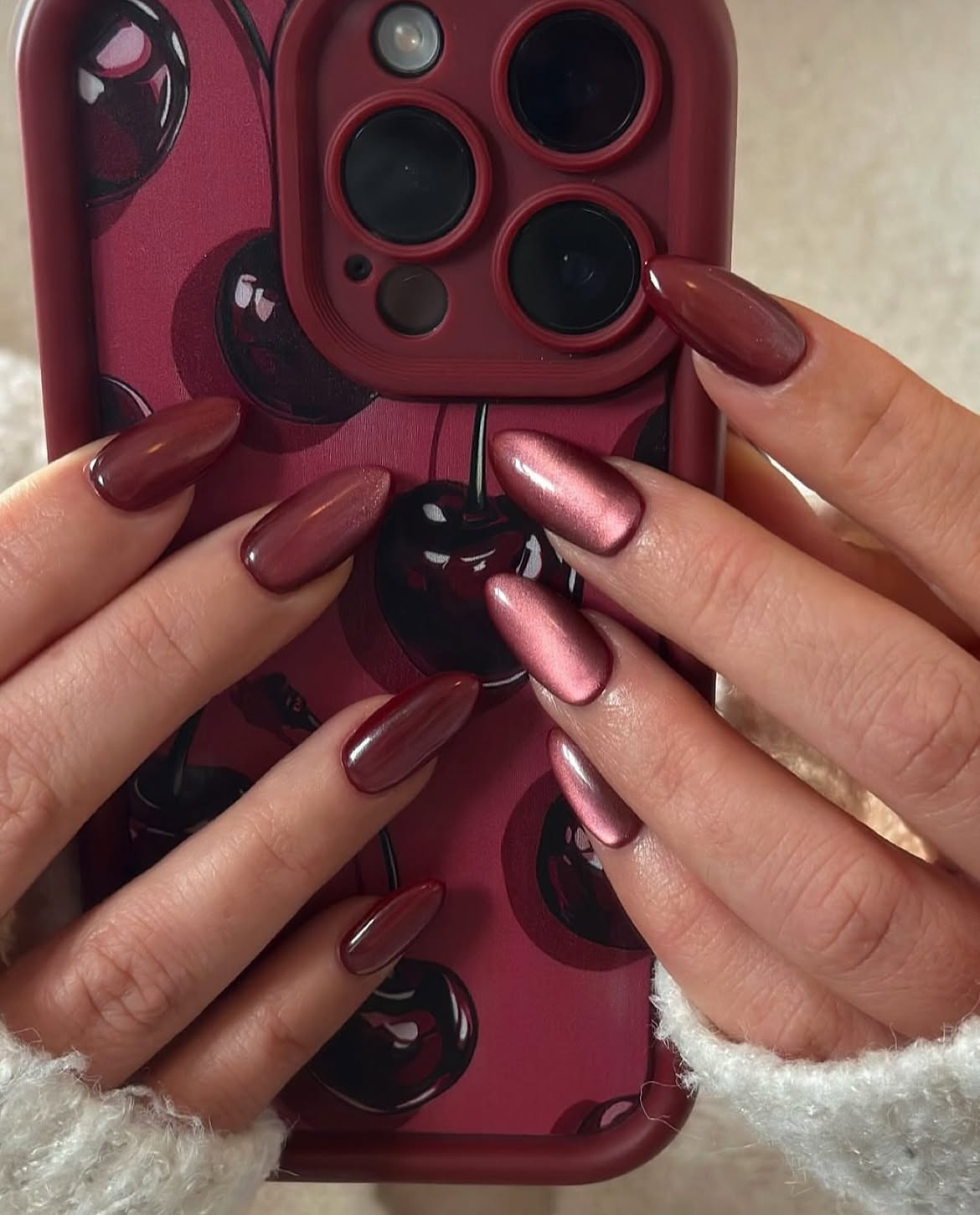 Deep Rose Brown Cat Eye Almond Nails