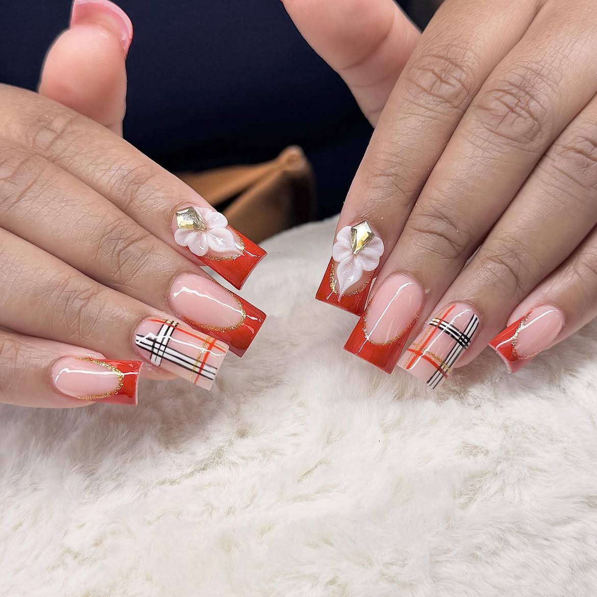 Designer Plaid & 3D Flower Fall French Tips