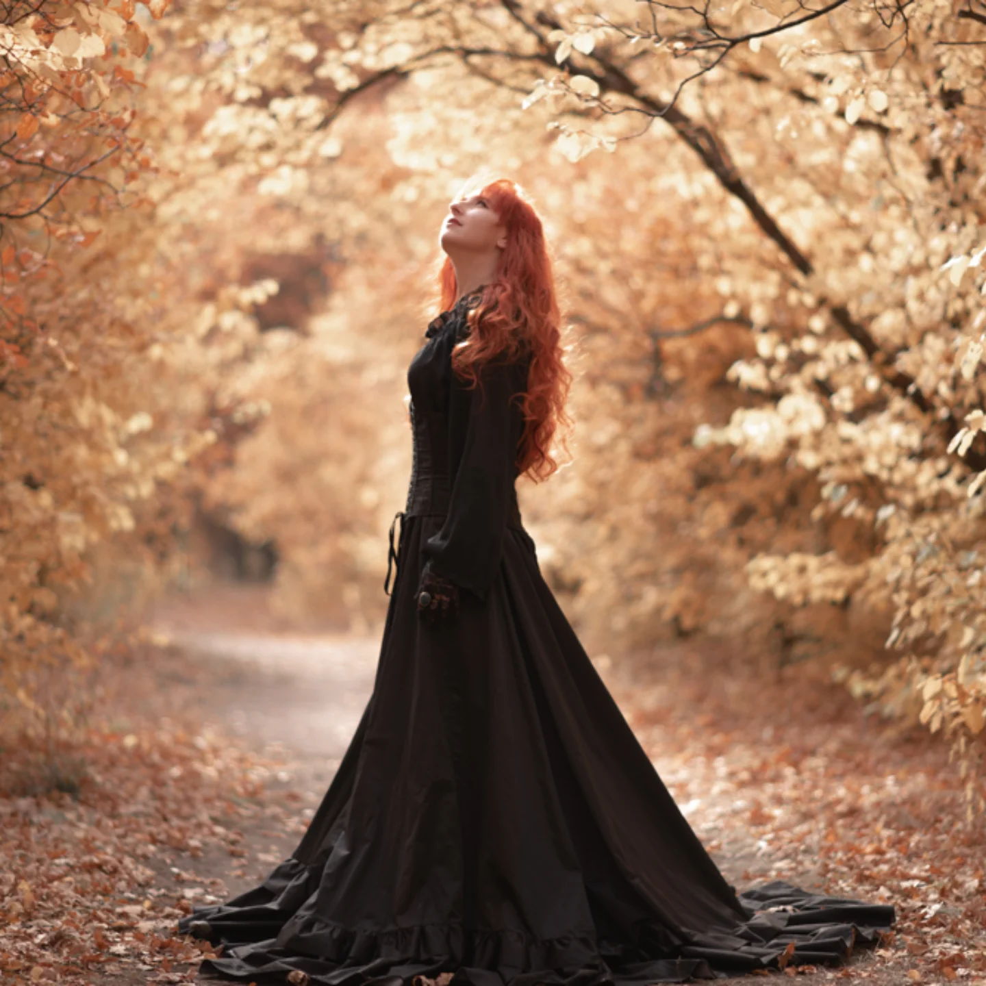 Dramatic Black Gown With Flared Sleeves In Autumn