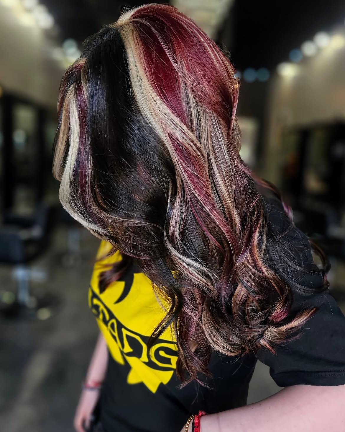 Dramatic Calico Hair With Bold Red, Blonde, and Black Strands