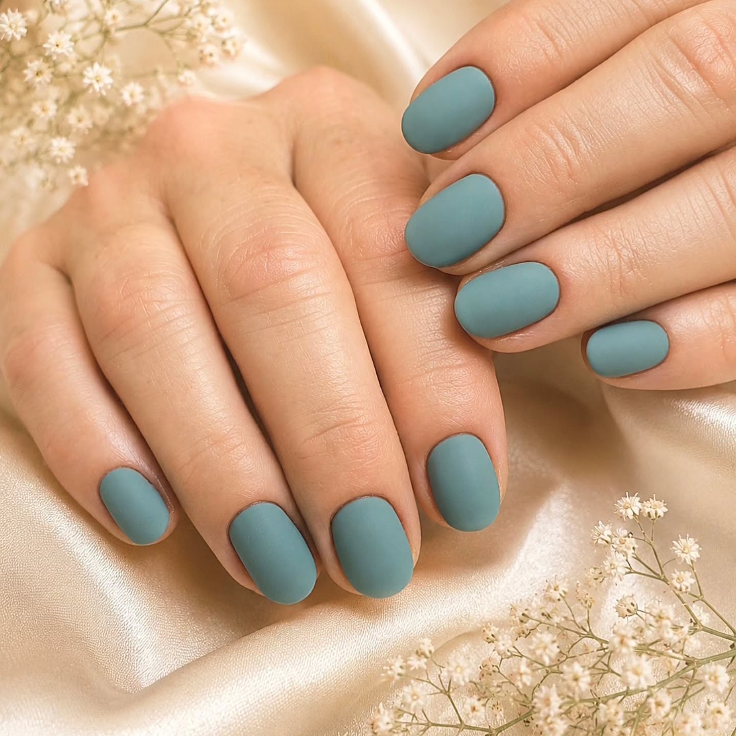 Dusty Teal Matte Oval Nails