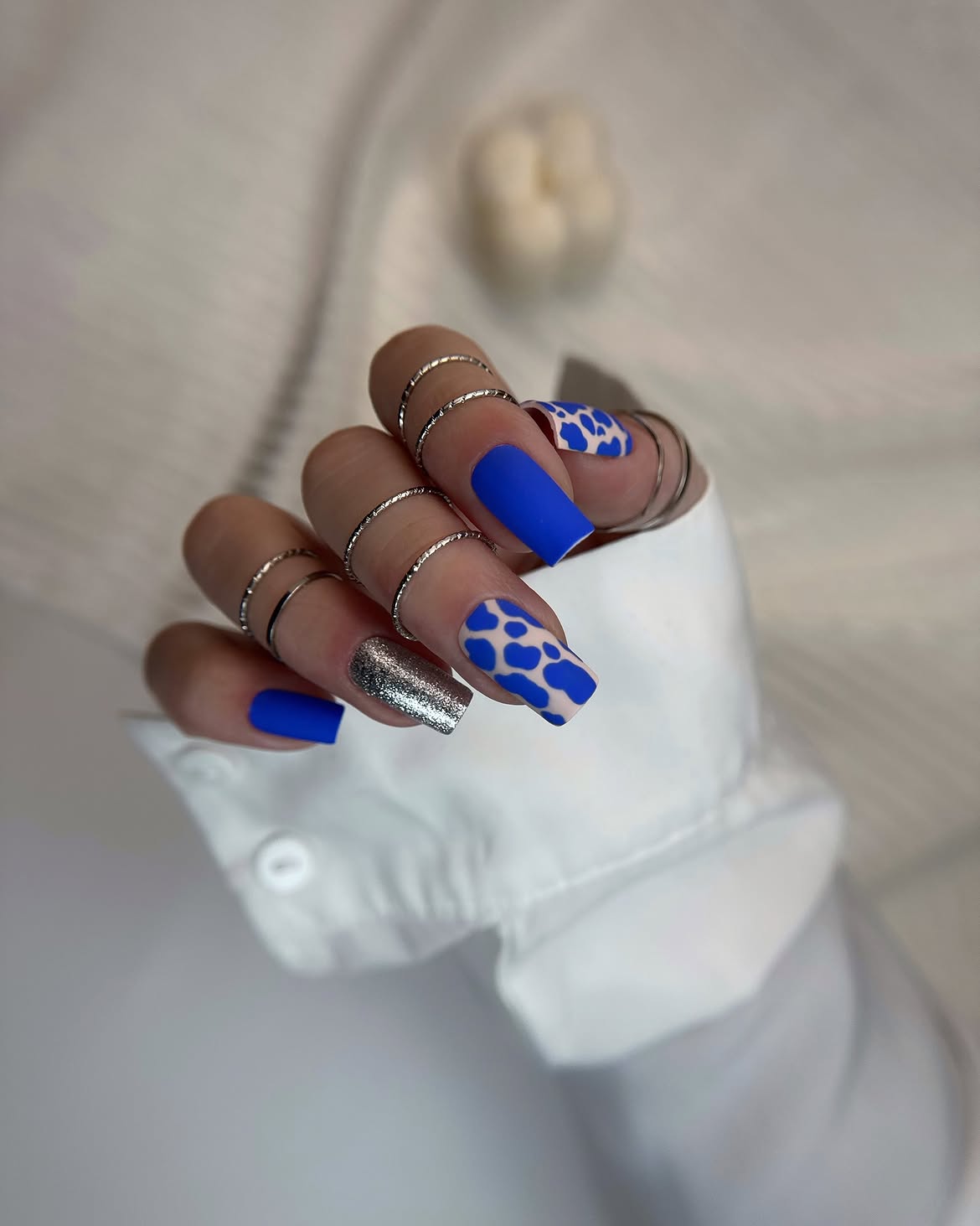 Electric Blue Cow Print Matte Square Nails