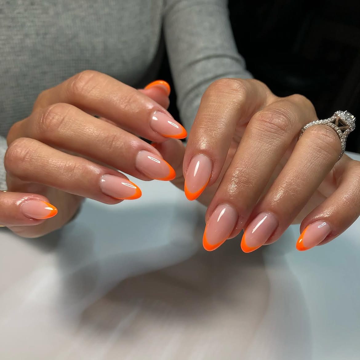 Electric Orange Tip Almond French Nails