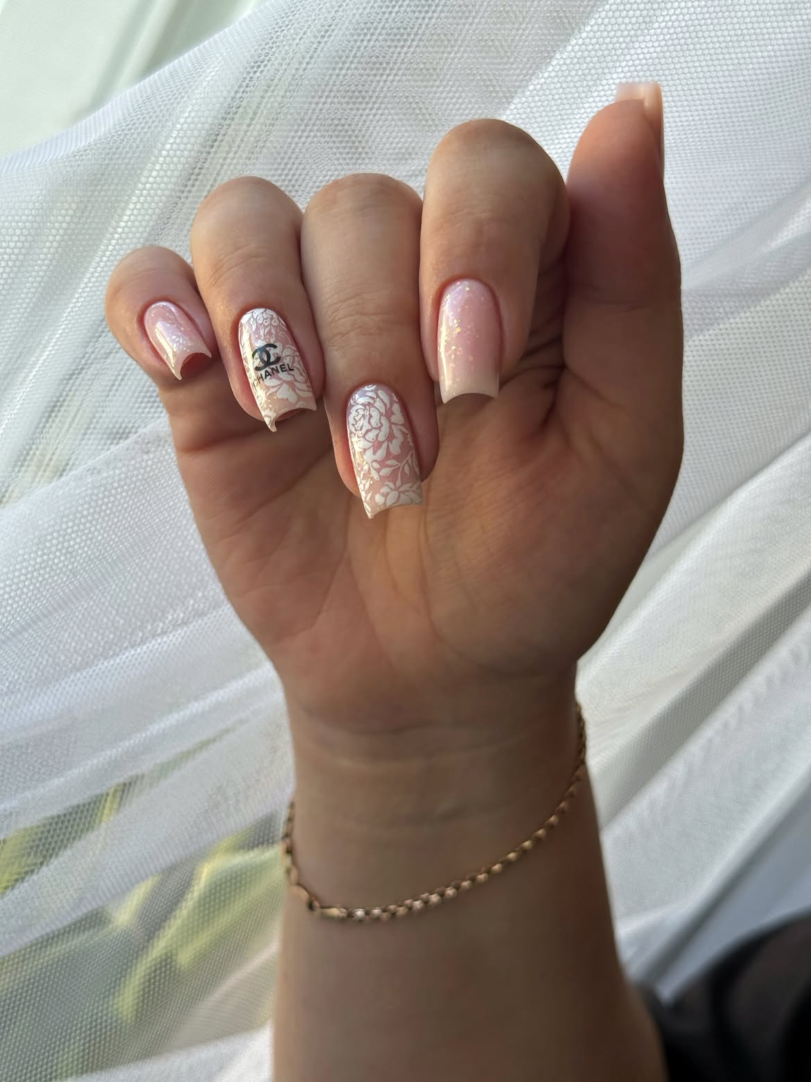 Elegant Chanel Lace Floral Square Nails