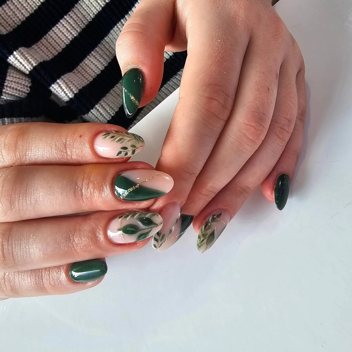 Emerald Leaf Swirl Almond Nails