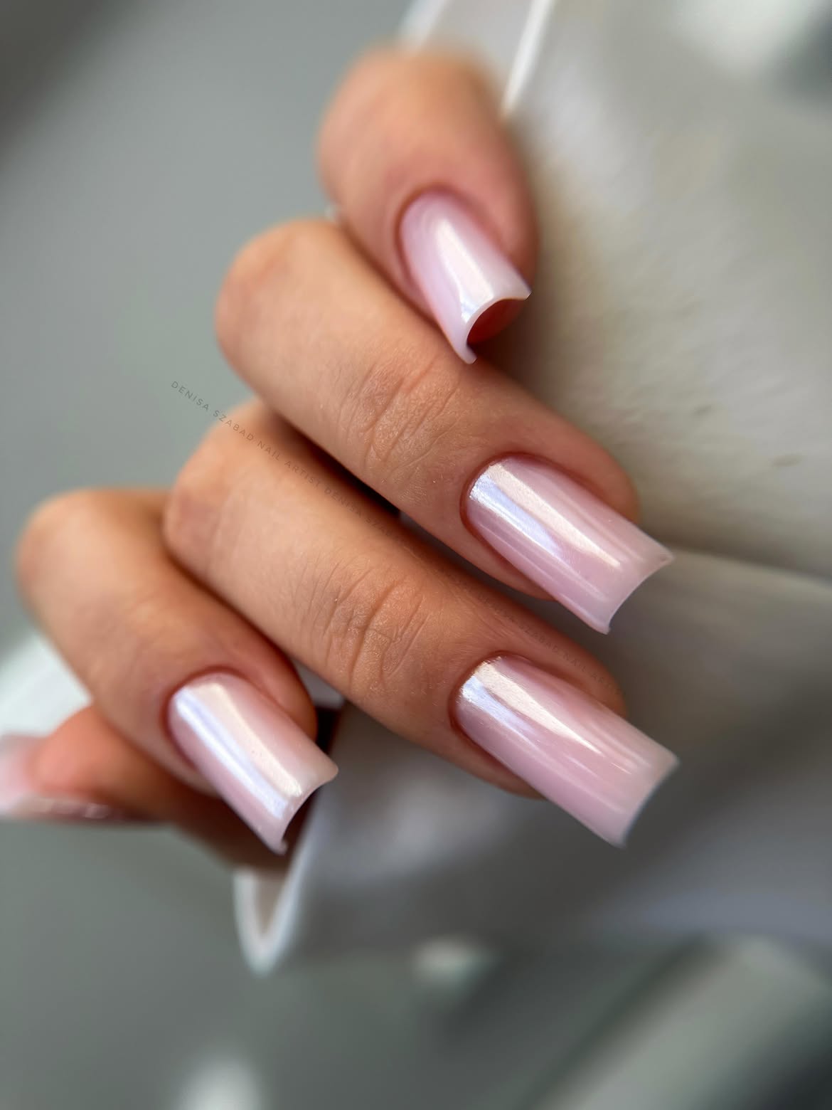 Ethereal Pearl White Chrome Square Nails