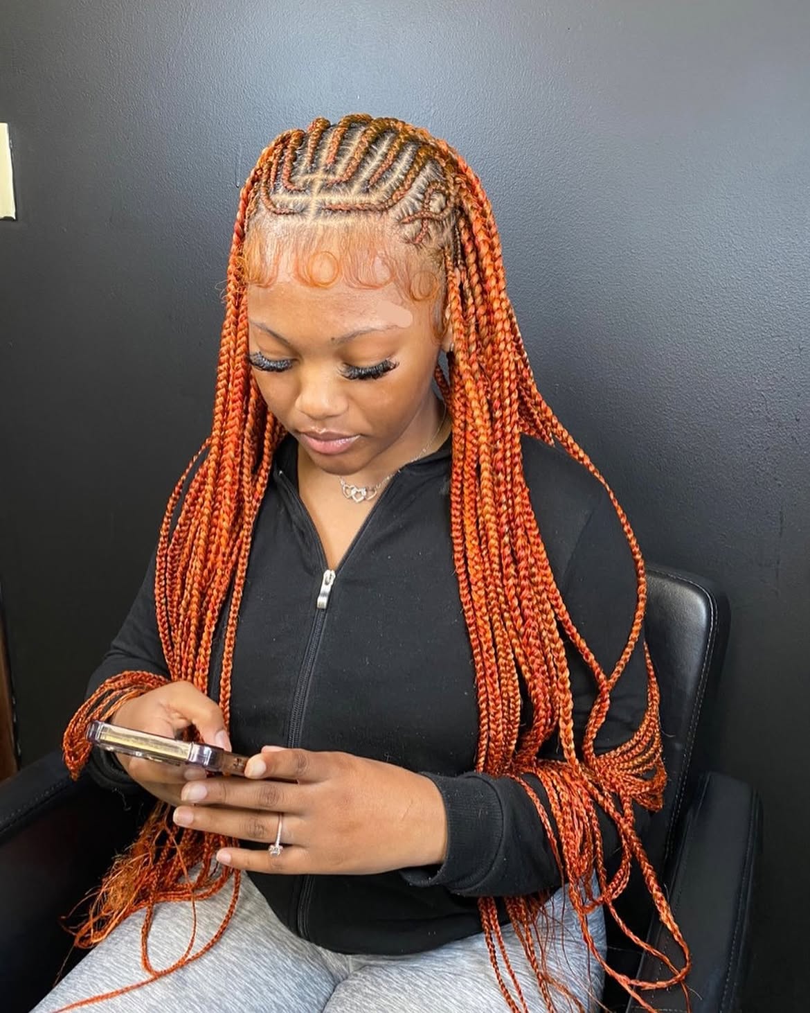 Fiery Orange Knotless Box Braids with Swirl Edges