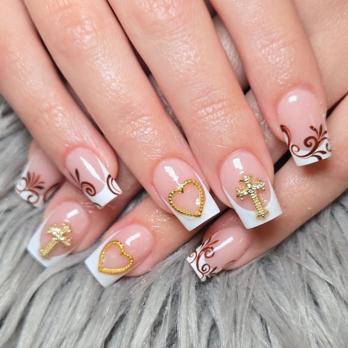 French Ombre Square Nails with Gold Charms