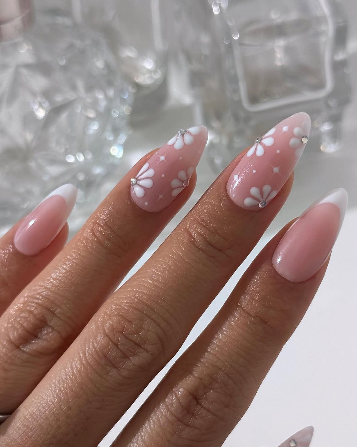 French Tip Daisy Almond Nails with Pearls