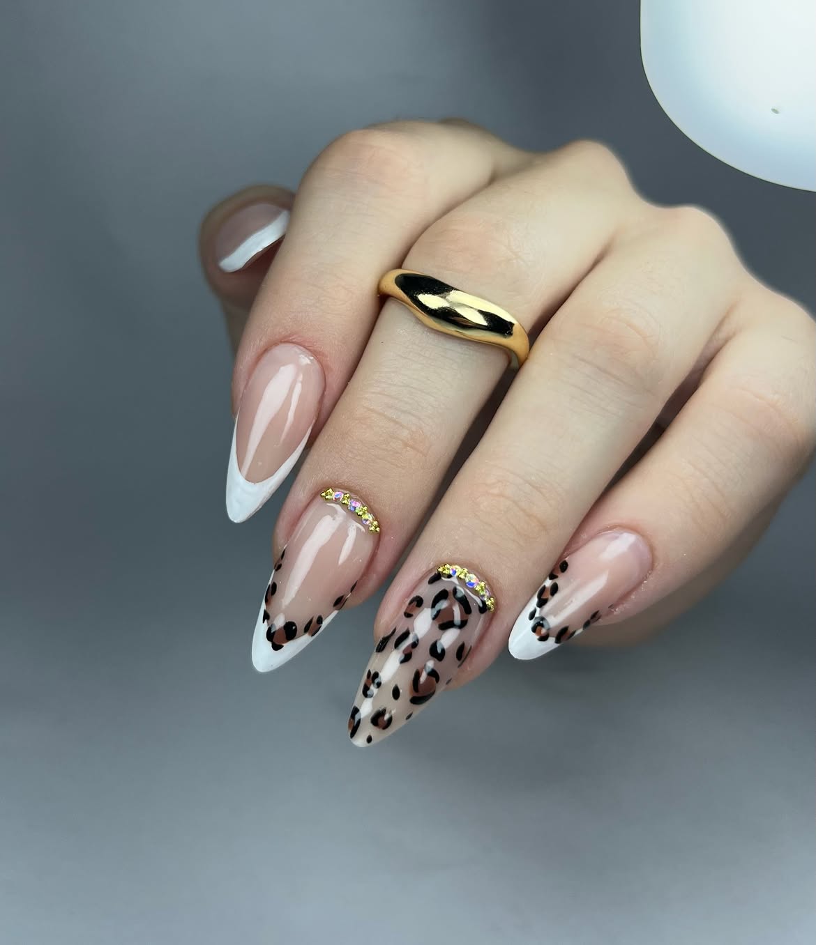 French Tip Leopard Accent Nails with Rhinestones