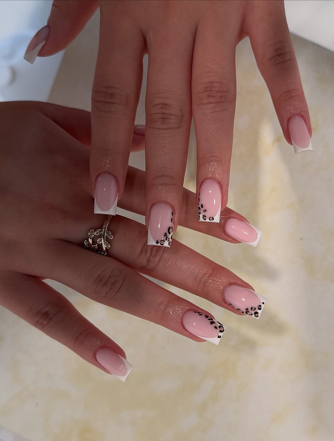 French Tip Leopard Accent Square Nails
