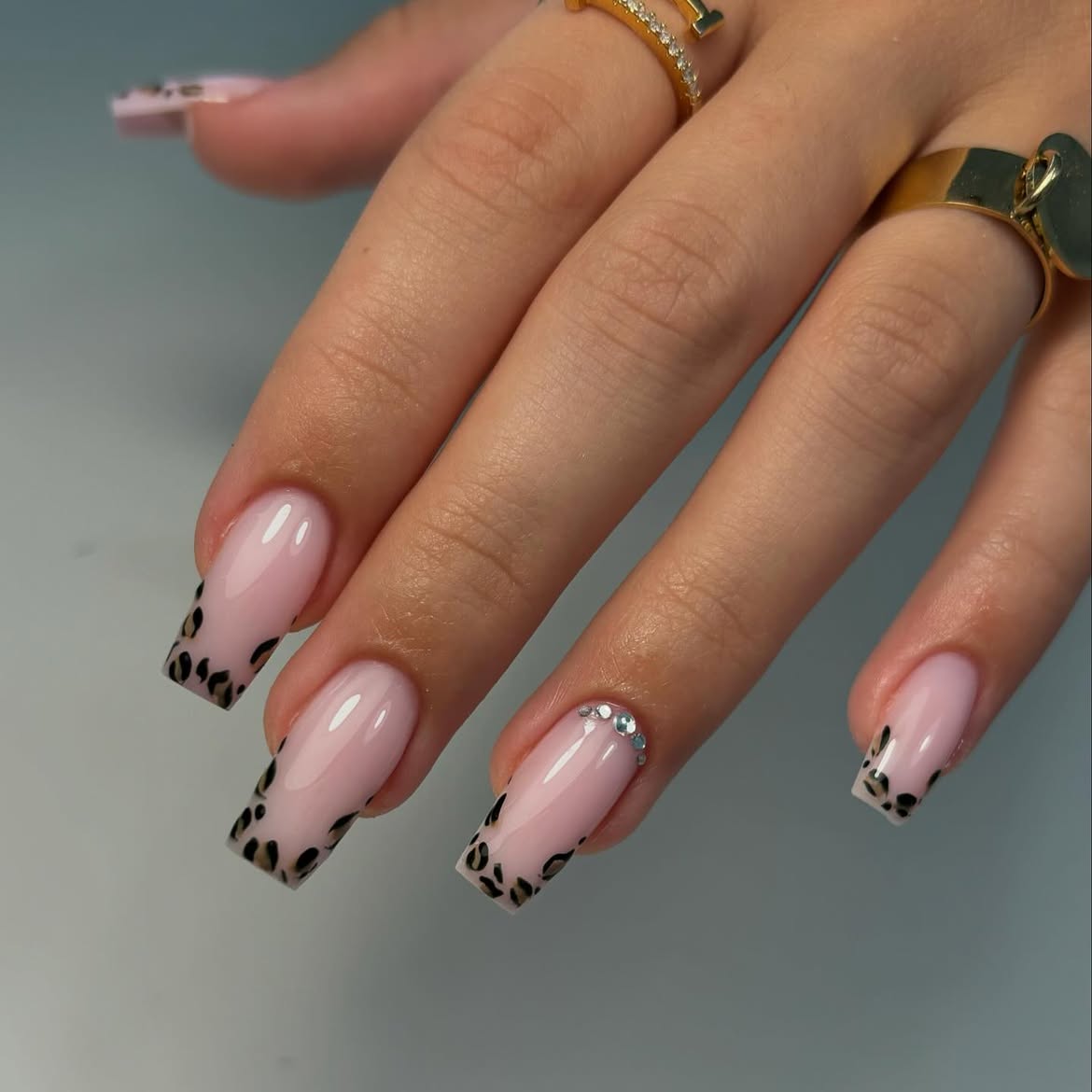 French Tip Leopard Print Square Nails with Rhinestones