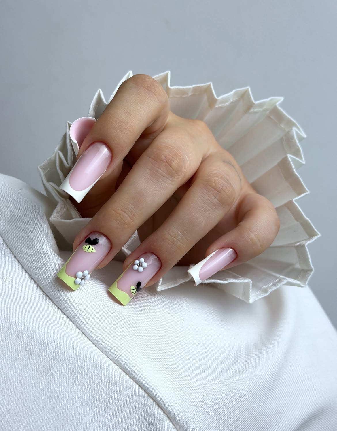French Tip Square Nails with Bumblebee and Flower Art