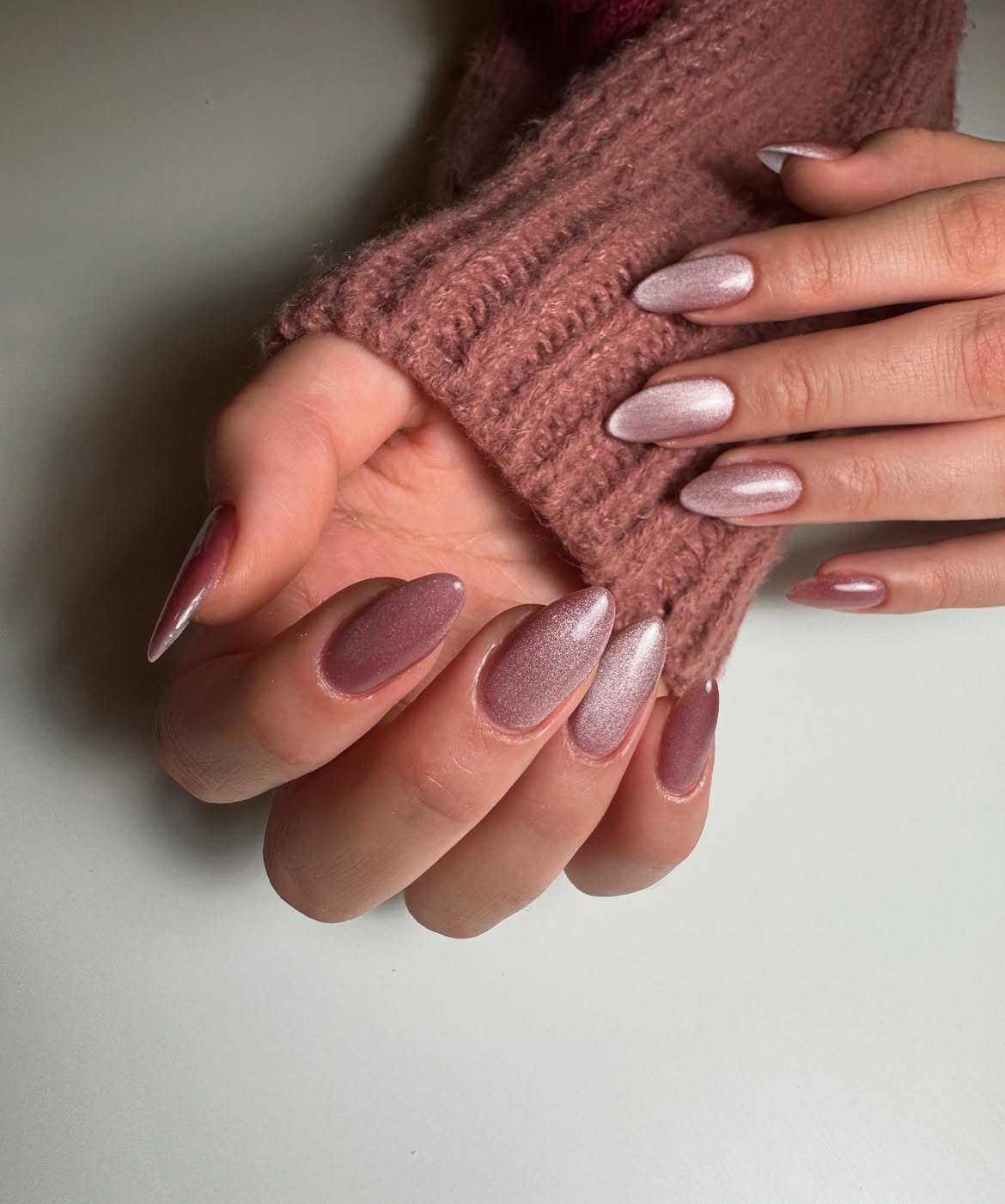 Frosted Rose Cat Eye Almond Nails