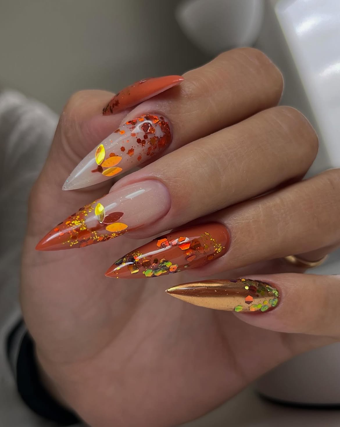 Gilded Leaf Glitter Orange Stiletto Nails