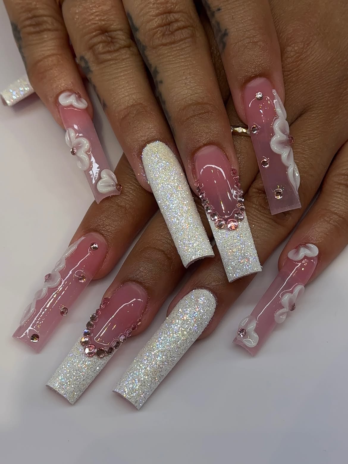 Glamorous Glitter Pink and White Floral Coffin Nails