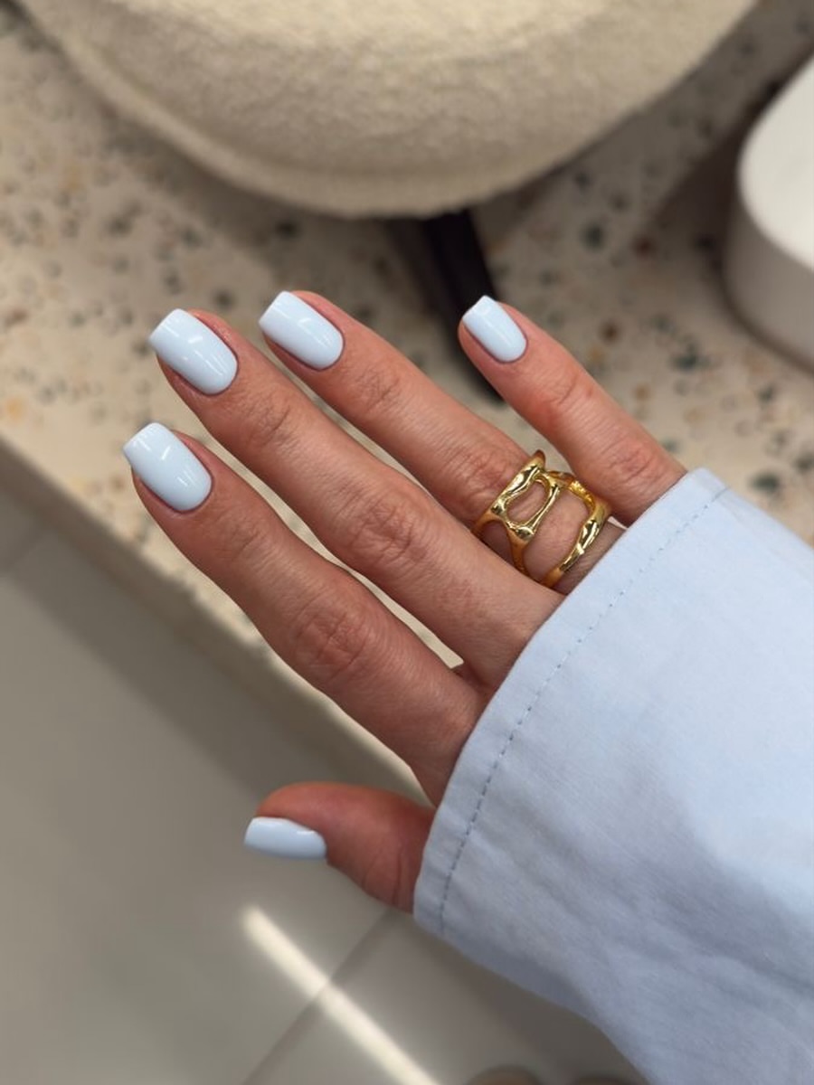 Glossy Baby Blue Squoval Nails