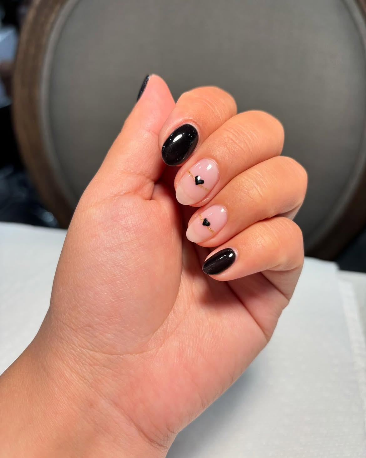 Glossy Black and Nude French Tip Heart Accents