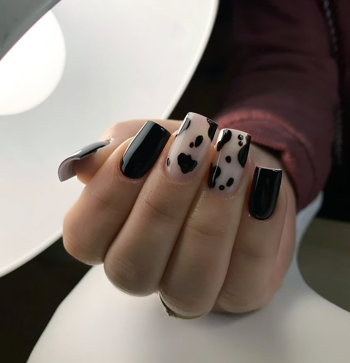Glossy Black Cow Print Square Nails