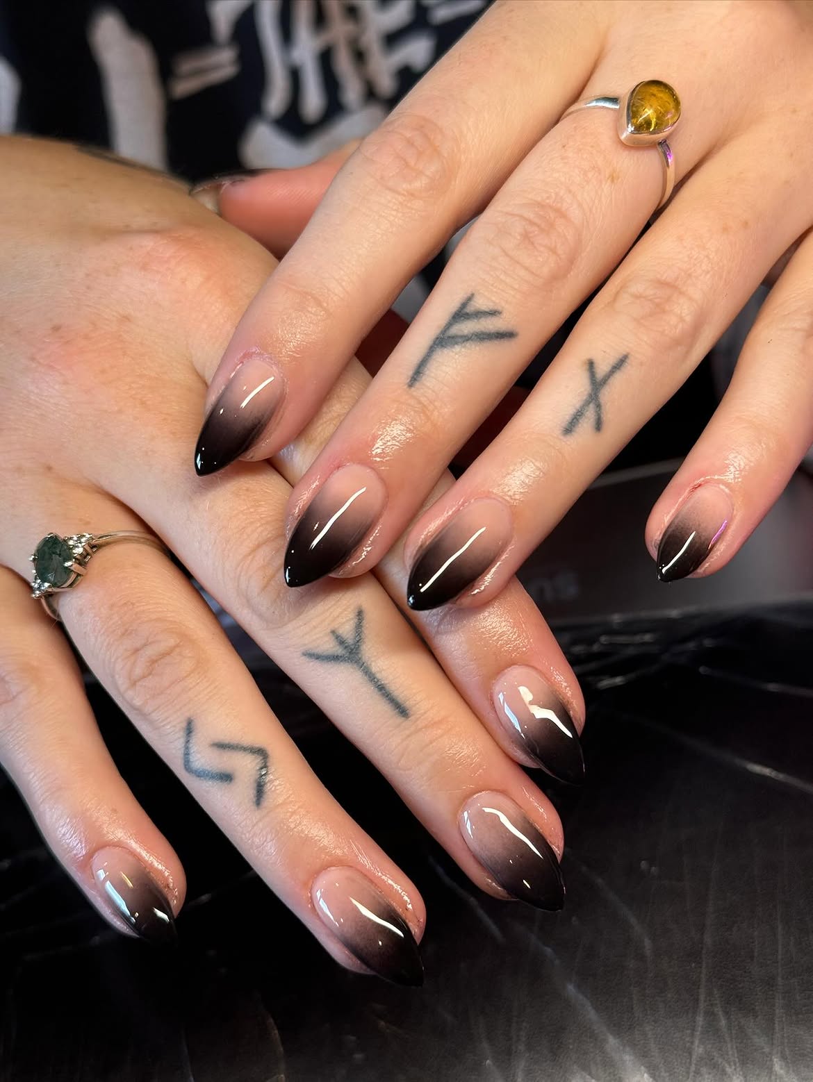 Glossy Black Fade Almond Ombre Nails
