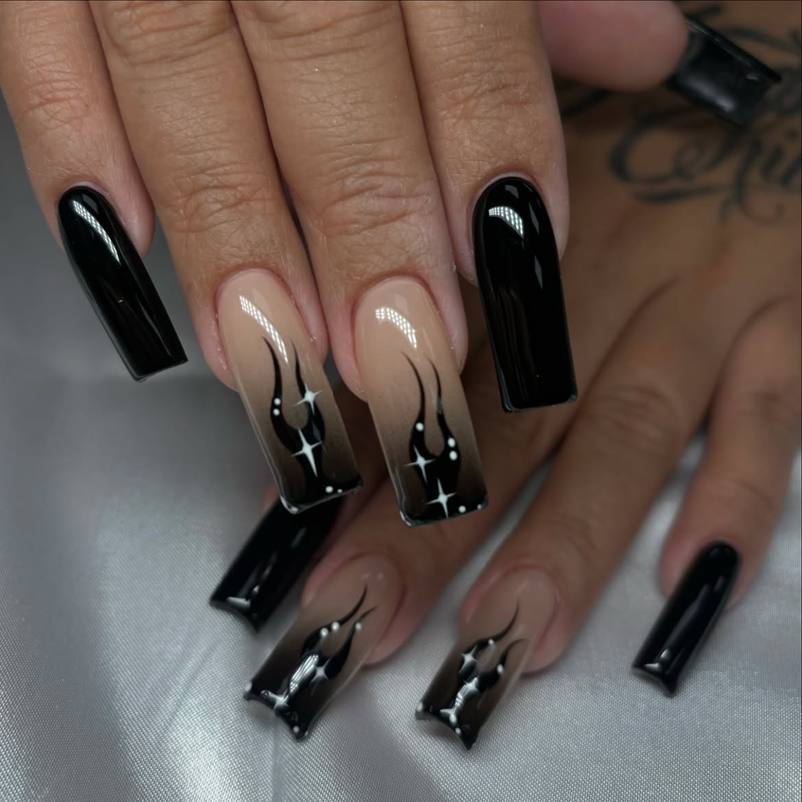 Glossy Black Flames Ombre Coffin Nails