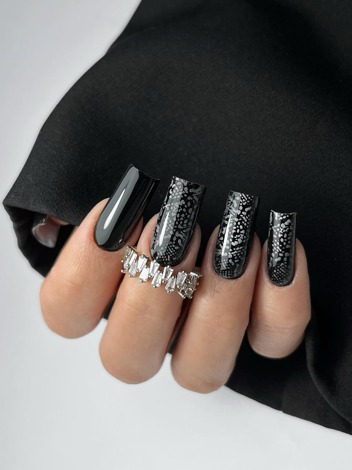 Glossy Black French Tip Abstract Skirt Nails