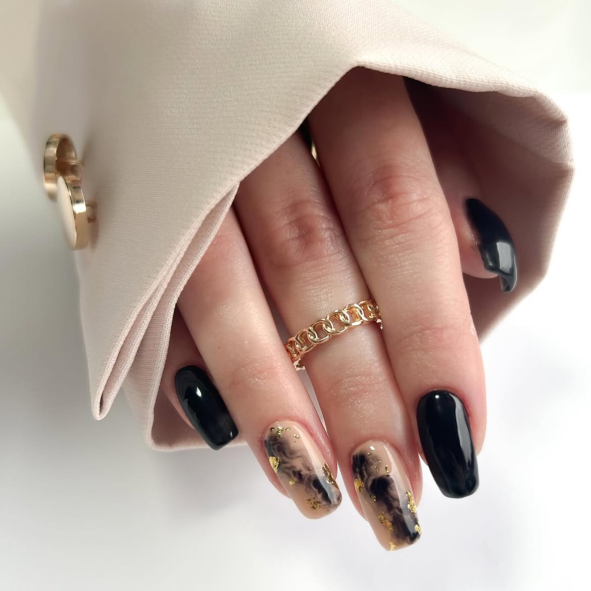 Glossy Black & Marble Gold Foil Accent Nails