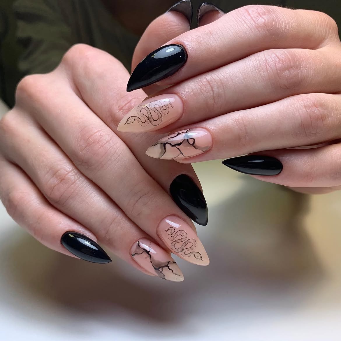 Glossy Black Snake Skin Stiletto Nails