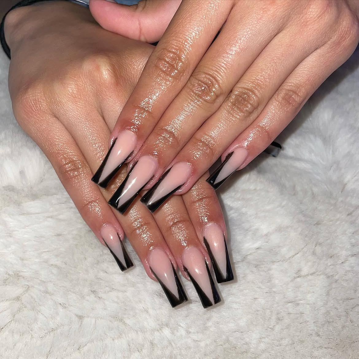 Glossy Black V-Cut French Coffin Nails