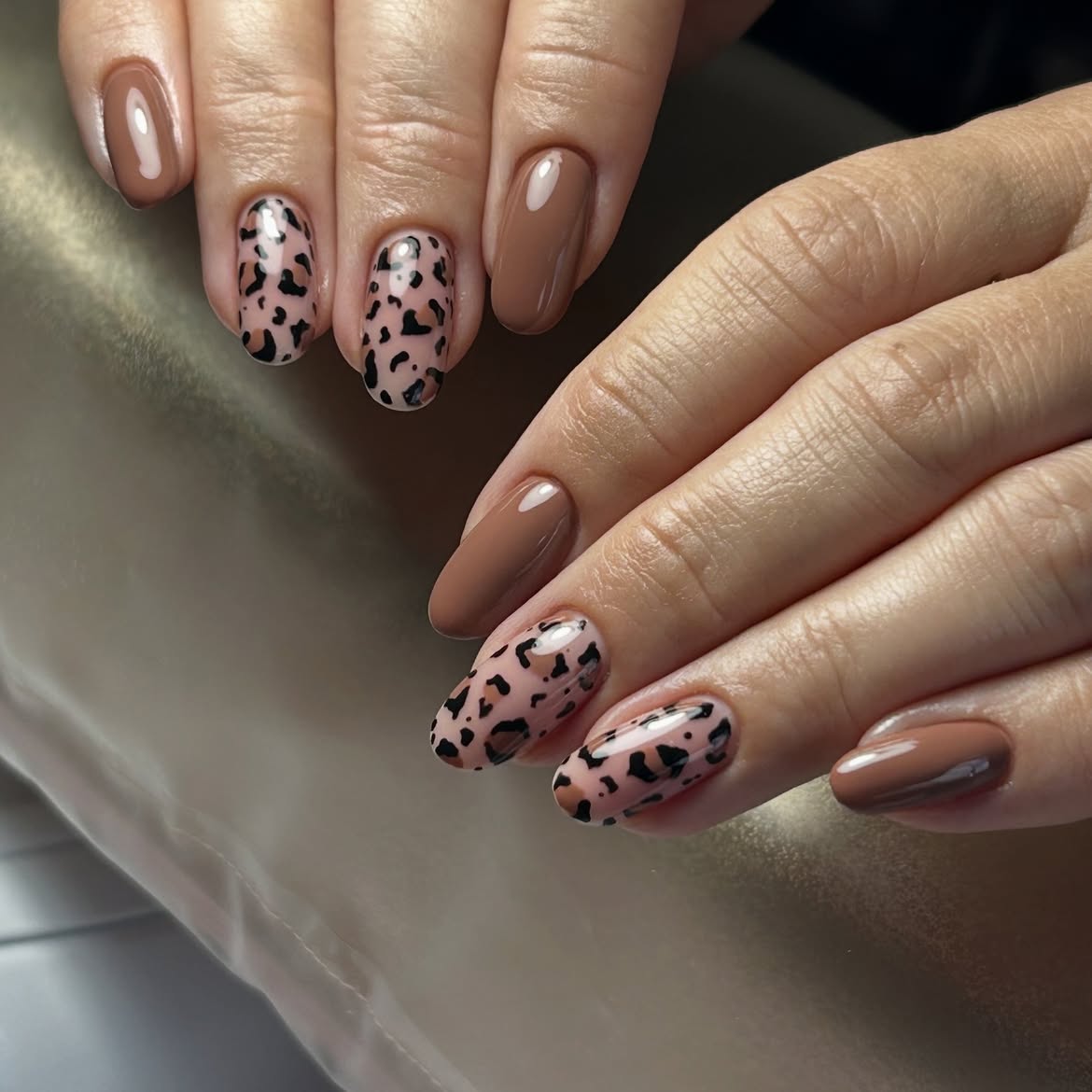 Glossy Brown Cheetah Print Almond Nails
