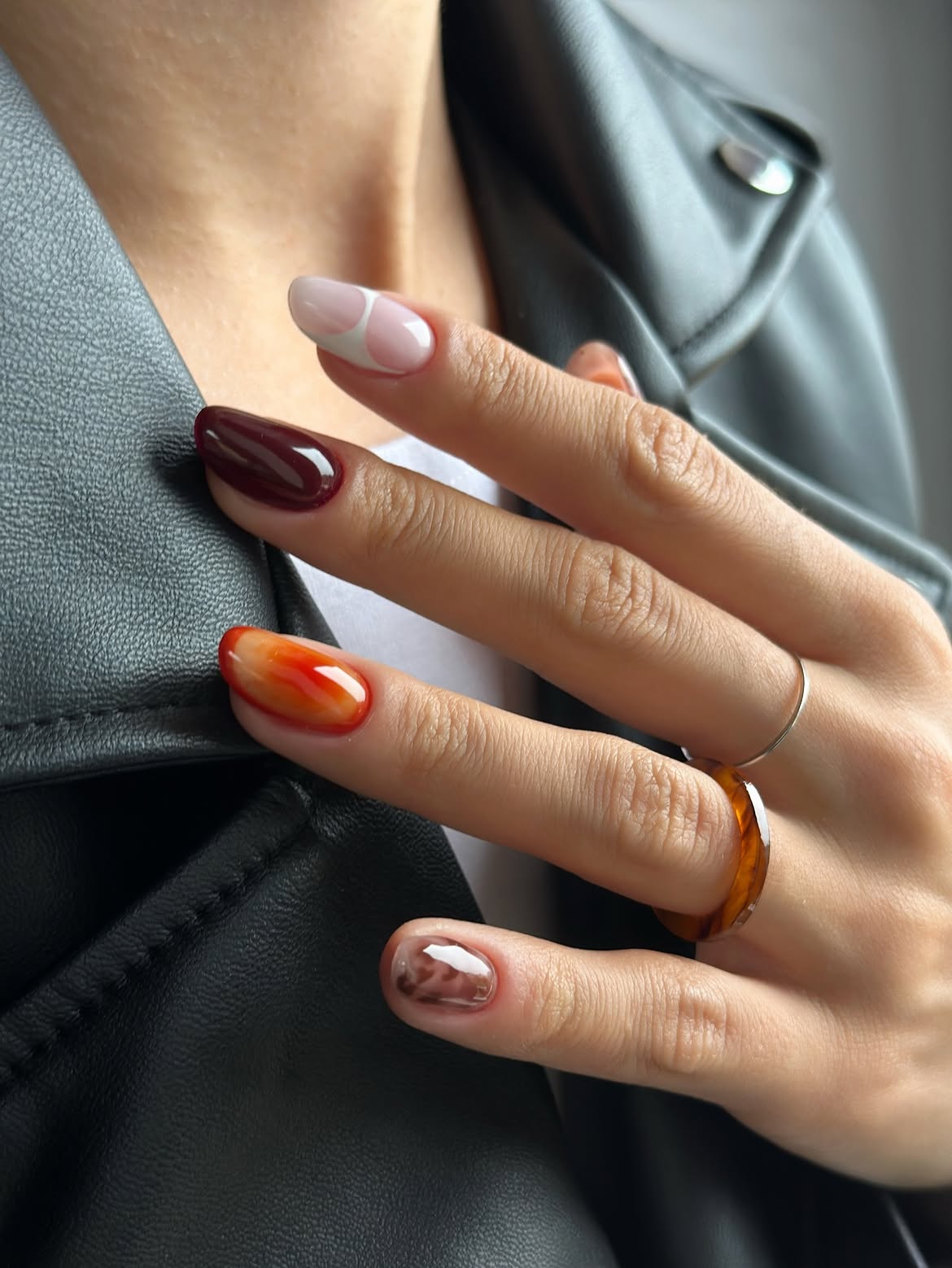 Glossy Cherry Red And Amber Swirl Aura Nails