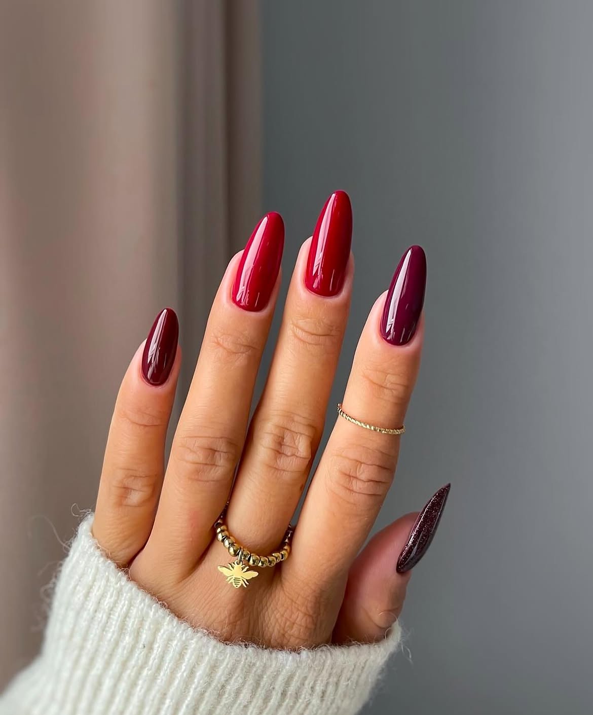 Glossy Cherry Red and Deep Burgundy Ombre Nails
