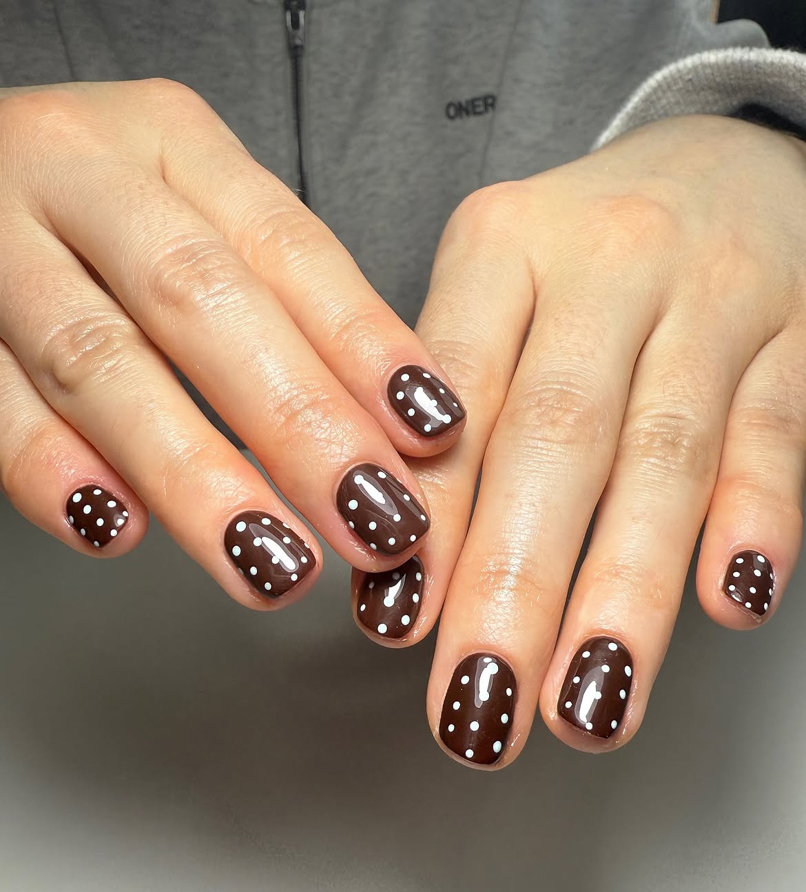 Glossy Chocolate Brown Polka Dot Nails