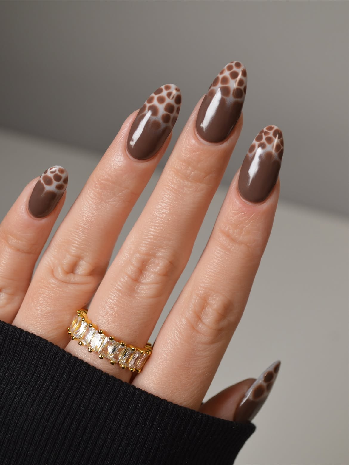 Glossy Chocolate Giraffe Print Almond Nails