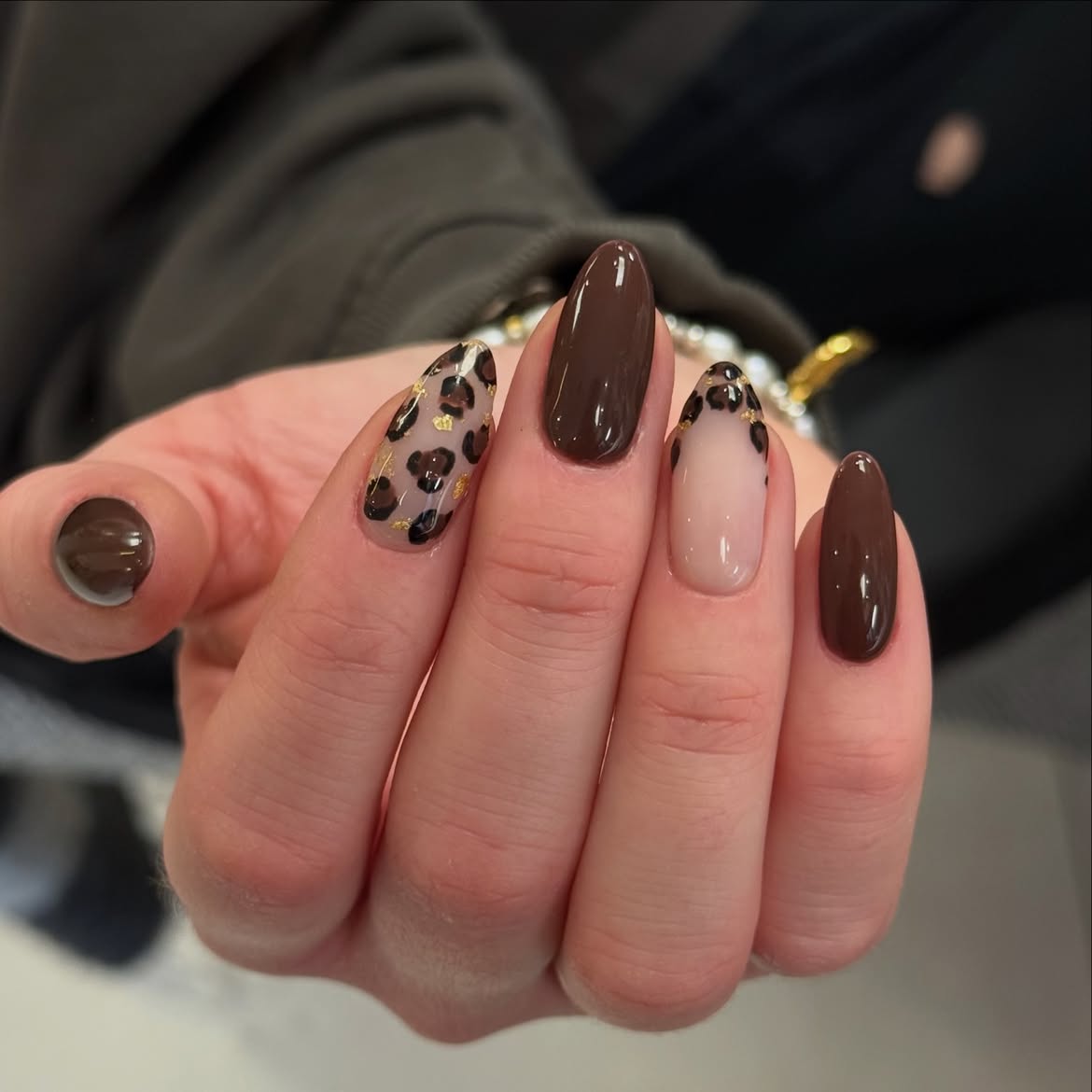 Glossy Chocolate Leopard Print French Almond Nails