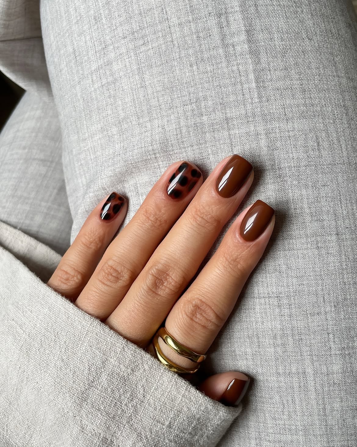 Glossy Chocolate & Tortoiseshell Accent Nails