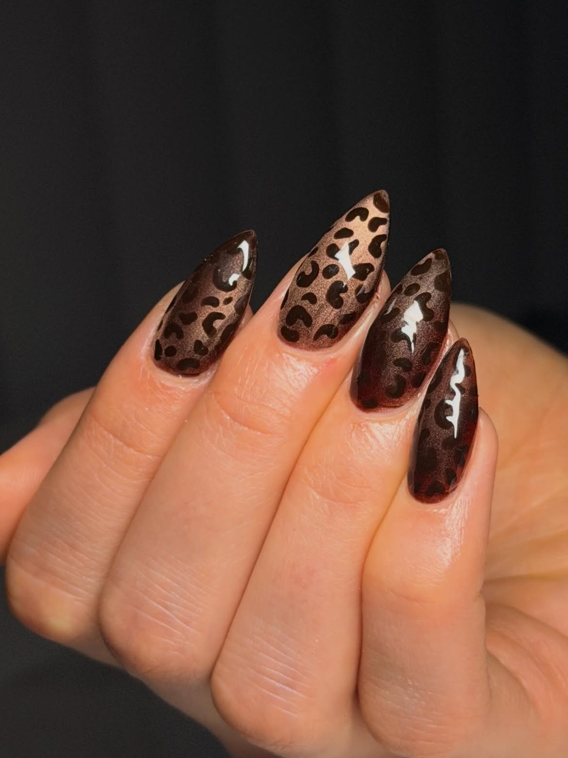 Glossy Deep Brown Cheetah Print Almond Nails