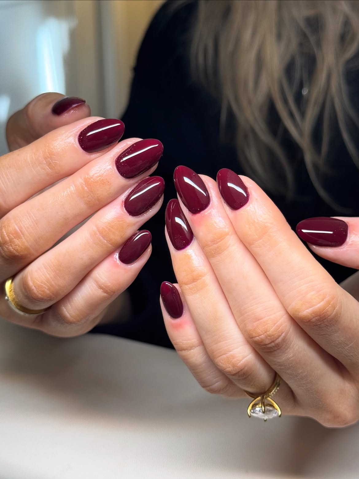 Glossy Deep Burgundy Almond Nails