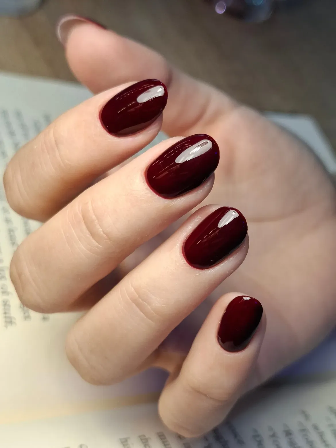 Glossy Deep Burgundy Oval Nails