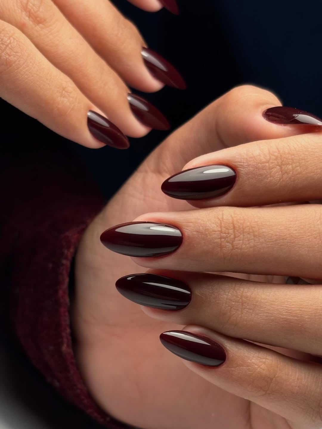Glossy Deep Burgundy Oval Nails