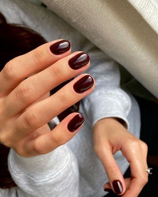 Glossy Deep Burgundy Oval Nails