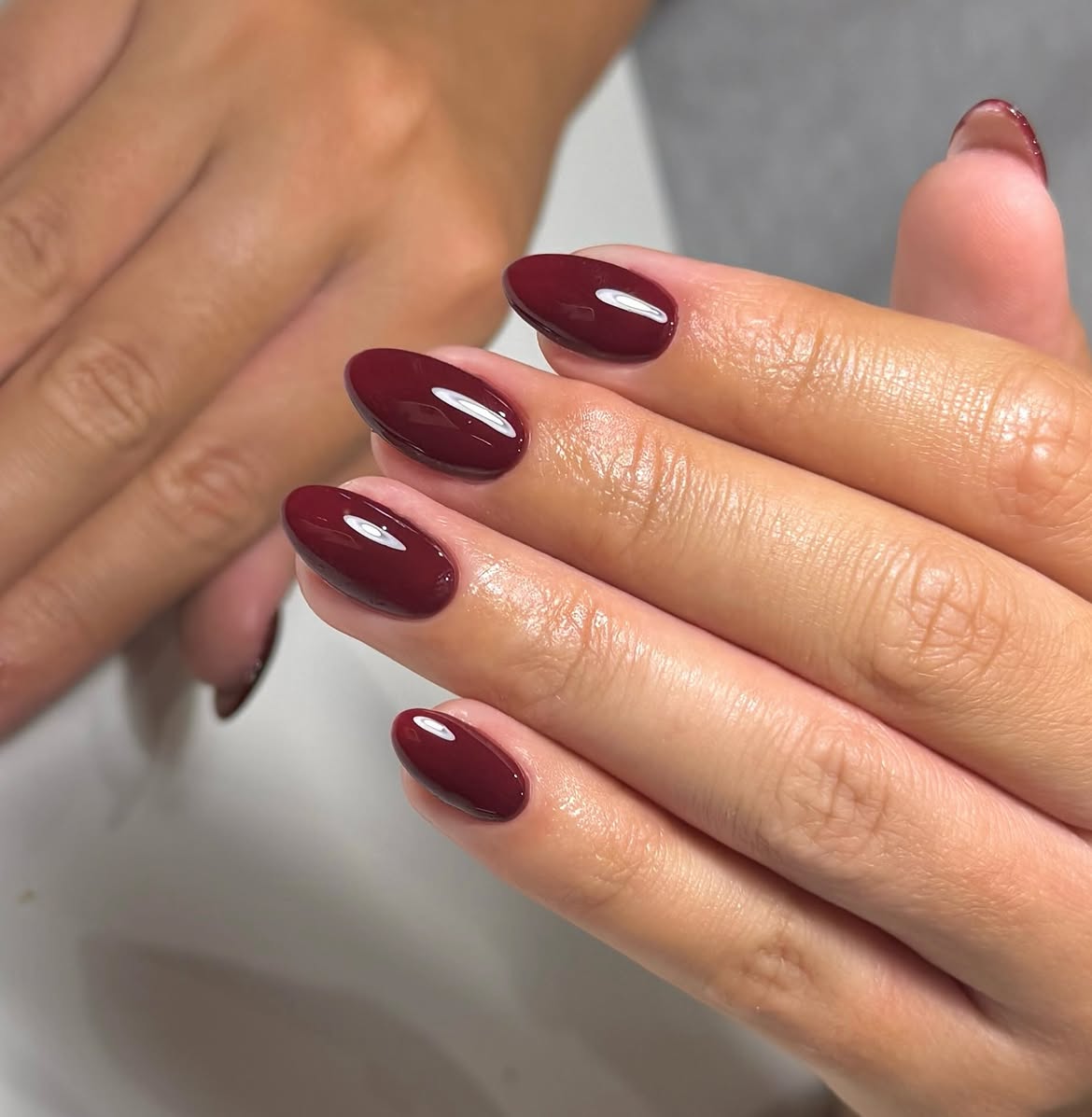 Glossy Deep Burgundy Oval Nails