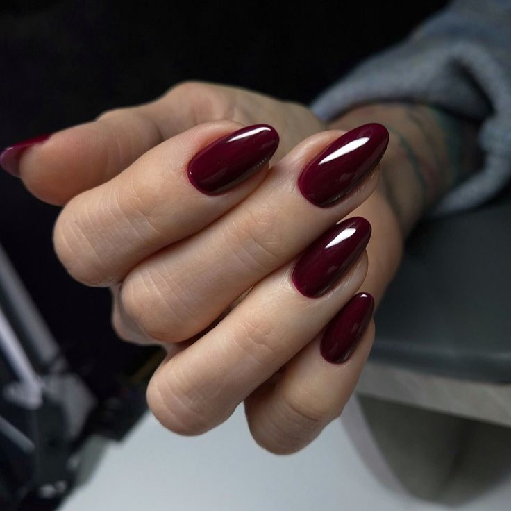 Glossy Deep Cranberry Oval Nails