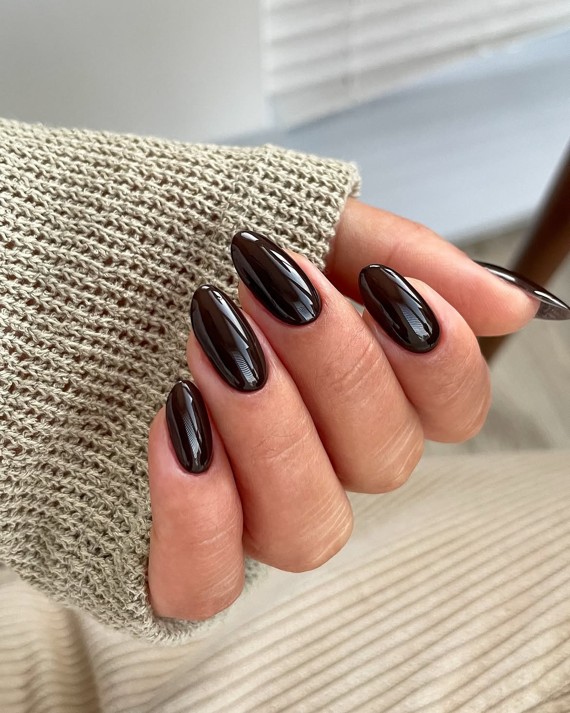 Glossy Deep Espresso Almond Nails