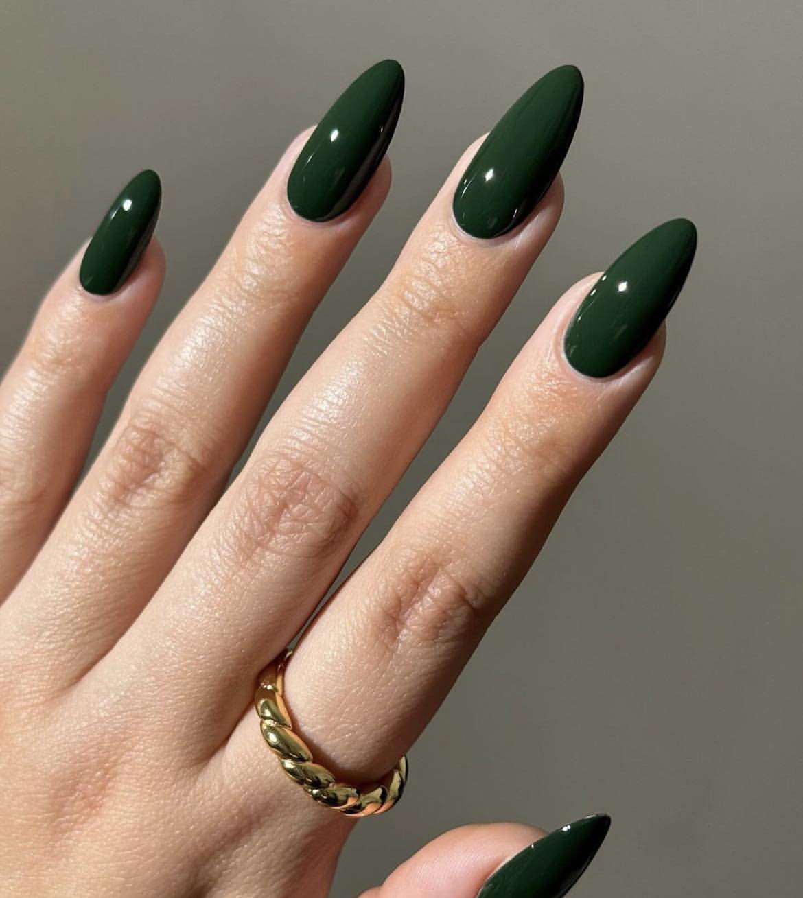 Glossy Deep Forest Green Almond Nails
